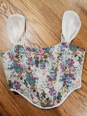 Altar'd State Floral Tapestry Crop Top in Cream with Pink, Purple, Green